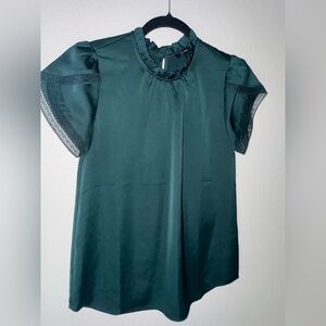 J. Crew Dark Green Blouse with Lace Trim